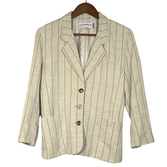 Liz Claiborne Jackets & Blazers - Liz Claiborne Striped Linen Blazer Women's Sz 4P Cream Single Breasted